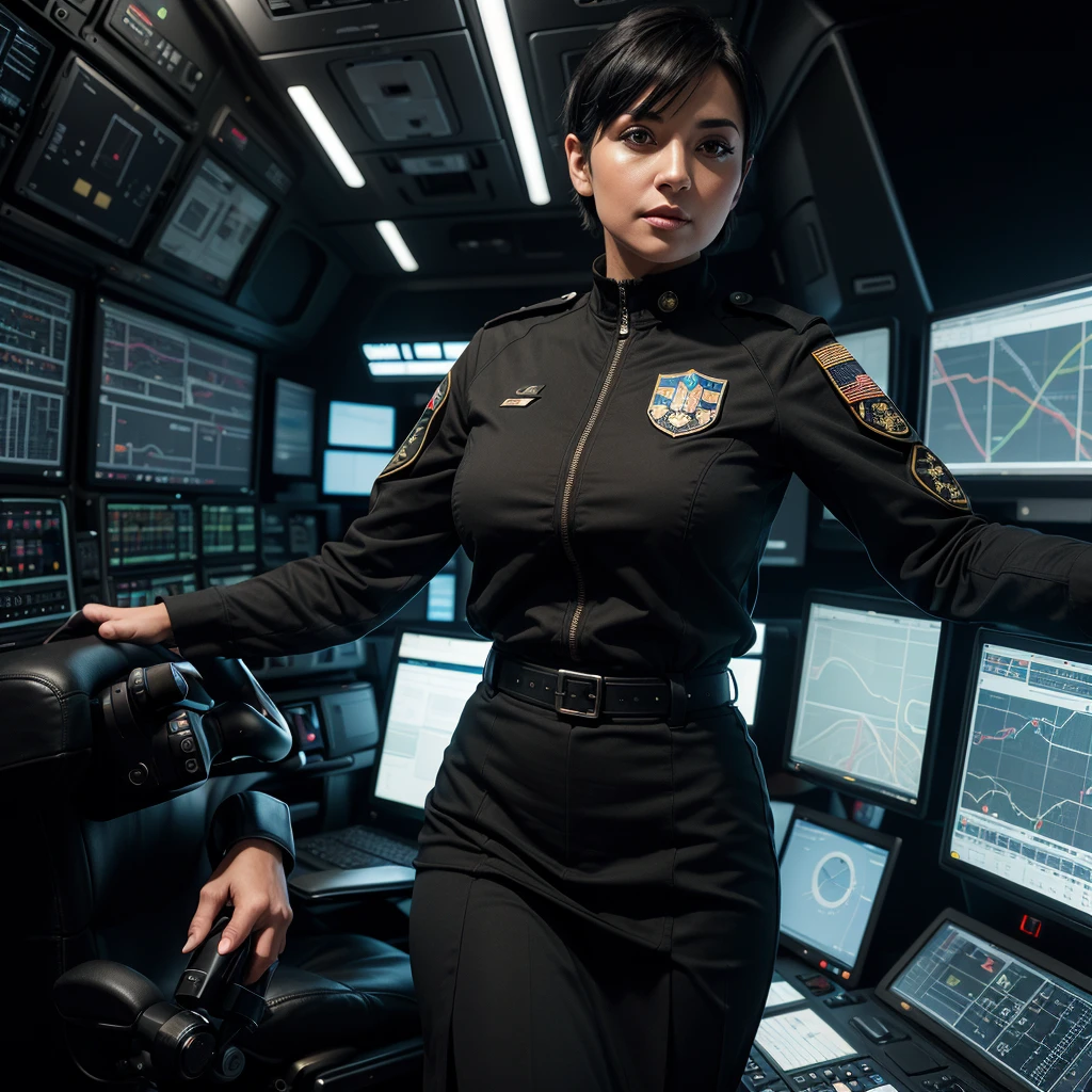 (highest resolution, distinct_image), high quality, masterpiece, very detailed, semi-realistic, woman with short black hair, mature woman, triple bangs, black uniform, Black pleated skirt, military uniform, spaceship space, Control room, commander