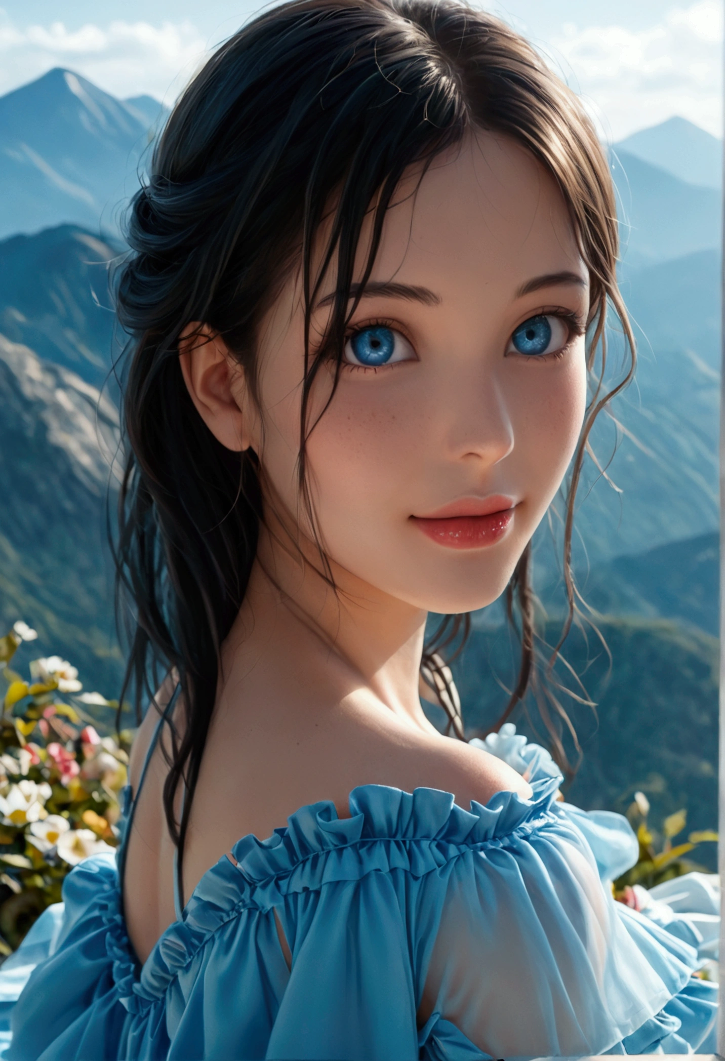 score_9,score_8_superior,score_7_superior,,8K, Top Quality, Intricate Details, Ultra Detail, Ultra High Resolution, Masterpiece, random angle, Slender, Smile, (Makeup: 0.4), (Fluffy Blue Eyes: 1.21), blue Eyes, looking at viewer, ((full body)), 1girl, solo, 1 girl, (( full body)), ((tall)), (((fit body))), (((slim face))), sharp face, sharp eyes, (((black hair, long hair, )) , (detailed face), sharp face, small lips, windy , ((sundress)), (k-pop idols outfit)), detailed face, Perfect Body, detail leg, (( moonlight)), top of mountain