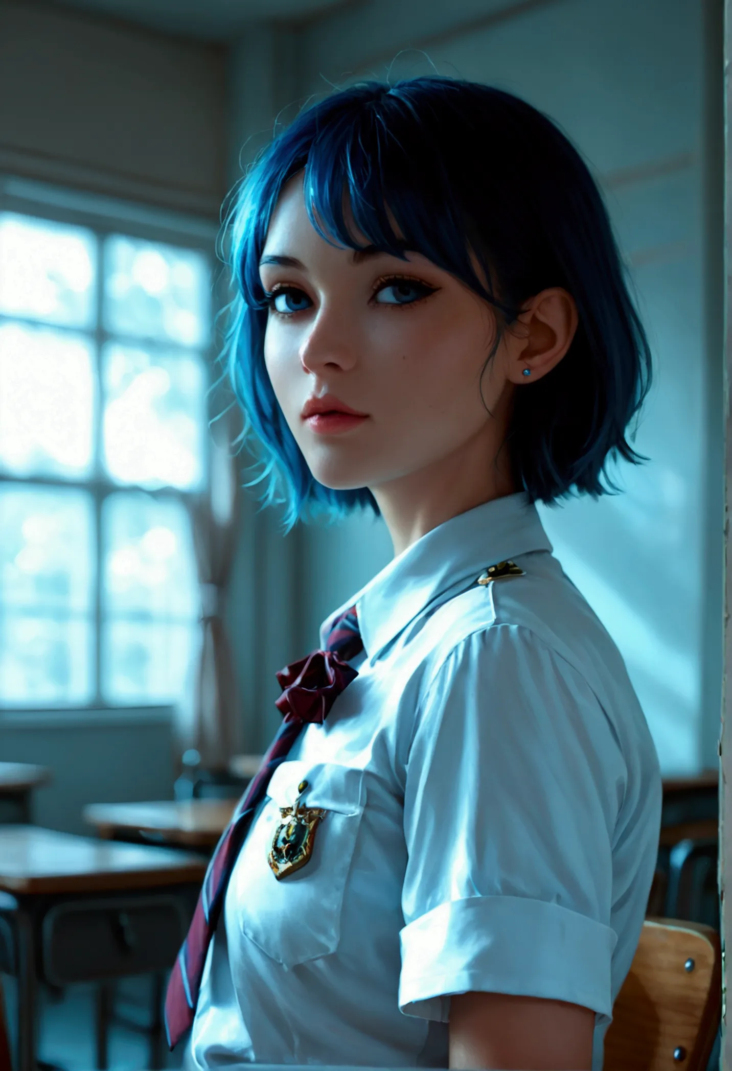 score_9,score_8_up,score_7_up, a stylish blue-haired woman, wearing skimpy school uniform, the lighting is soft, clothes details...