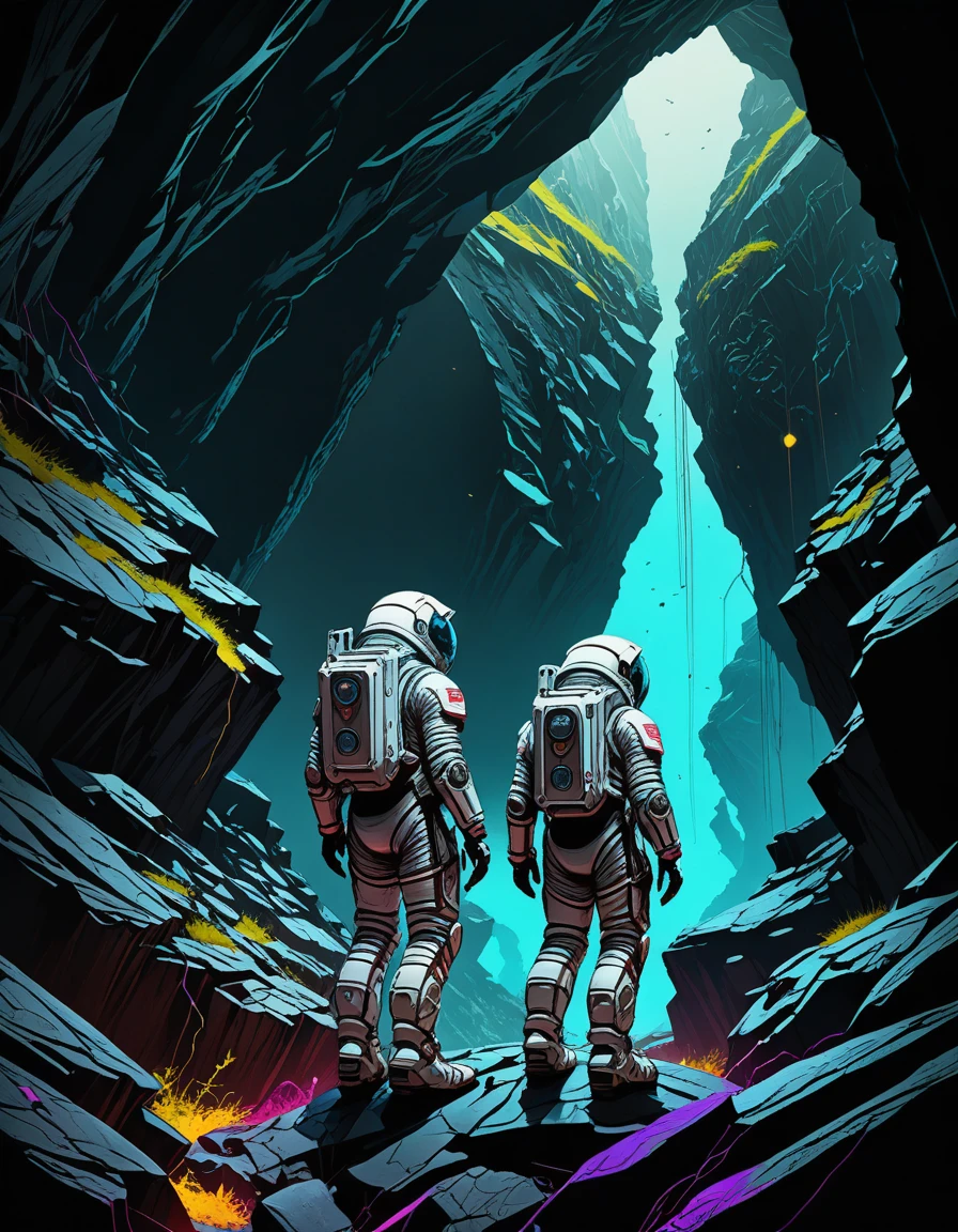 a beautiful artwork illustration, concept art sketch of an astronaut in white futuristic cybernetic armor in a dark cave, volumetric fog, godrays, high contrast, vibrant colors, vivid colors, high saturation, by Greg Rutkowski and Jesper Ejsing and Raymond Swanland and alena aenami, featured on artstation, wide angle, vertical orientation, eroded cliffs, crumbling edges, treacherous footing, panoramic vistas, 