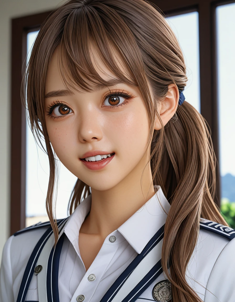 Black Eyes, 1 woman, (female)), solo, real, top quality, photorealistic, masterpiece, 8K, HDTV, solo, hdtv face, soft lighting, bedroom, ((daytime)), sky, (looking at camera), (portrait: 0.6), full-body, (medium hair), ponytail, brown hair, floating hair, lips, lipstick, seductive smile, Floating hair, smile, open mouth, teeth, eyelashes, Nogizaka 46, Moeka Tada, Akari Suda, idol, beautiful girl, ((uniform)), (((standing))