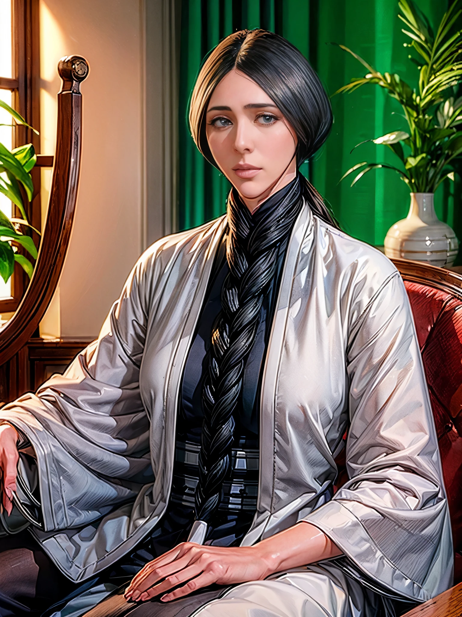 (((unohana))) , detailed hair，single ponytail , detailed eyes , detailed face  , 32K , sitting on a chair , looking at the audience , close face , face focus