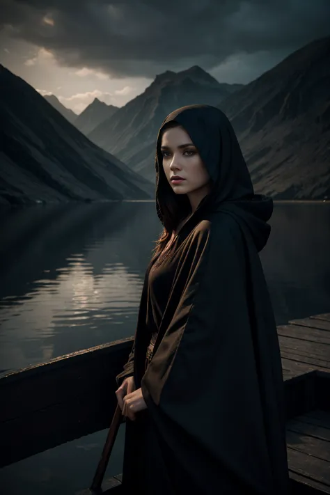 beautiful woman with pale skin, dark hair and piercing eyes, wearing a dark hooded robe, guiding a boat across the river styx, d...