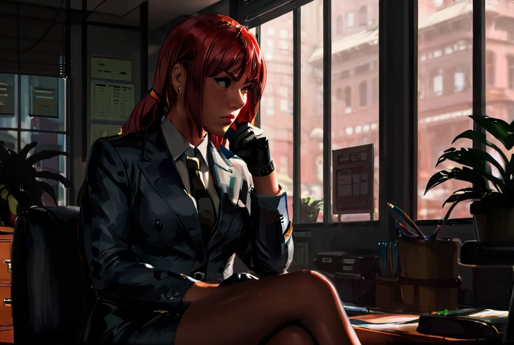 a woman with red hair in a detective suit, sitting in an office, cinematic movie still, natural shadows, detailed shadows, (best quality, high quality:1.3), (detailed shadows:1.5)