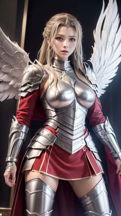 the girl wears silver armor，a pair of wings，（huge tit，oversized ，exaggerated breasts），long legs，complex structures，extreme hight...