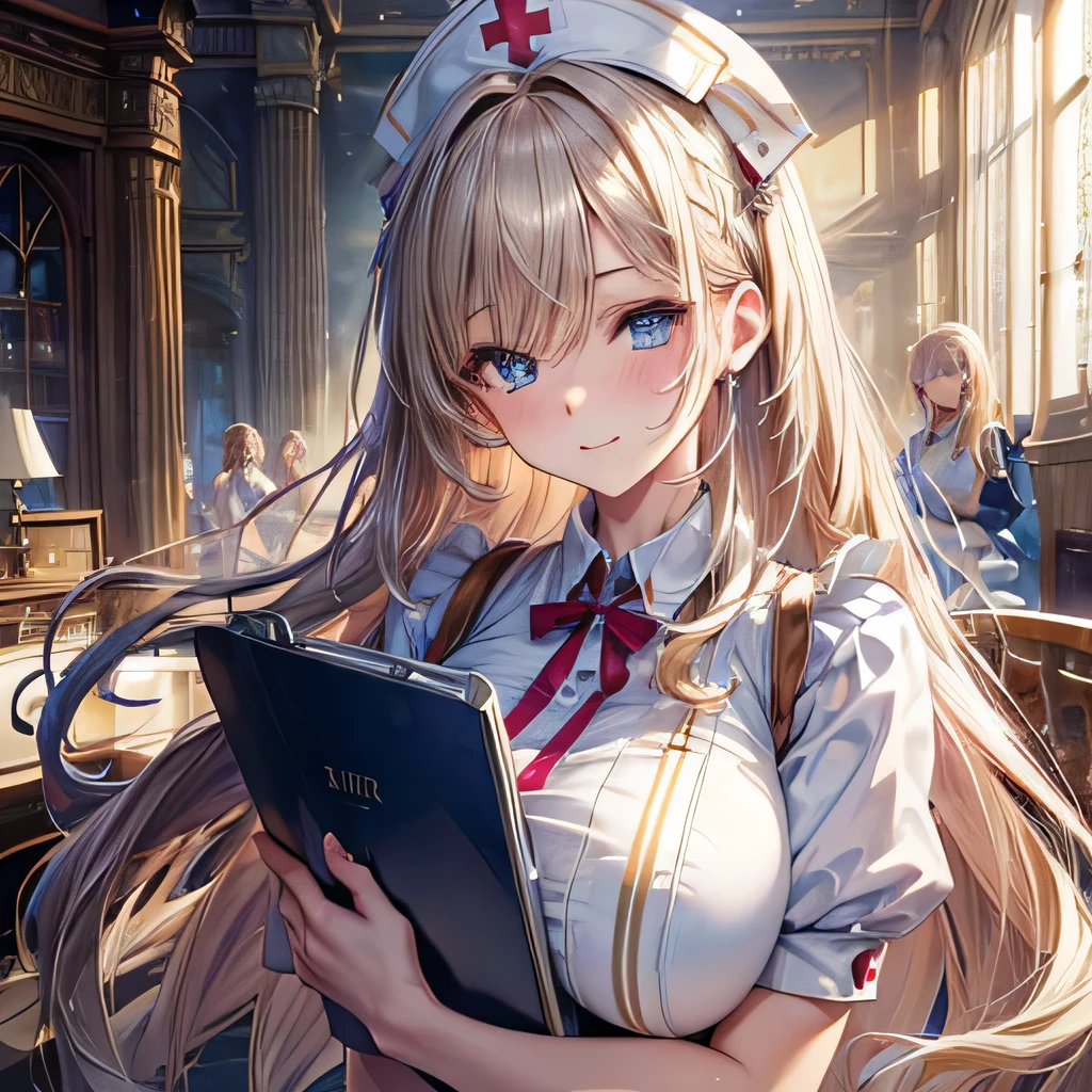  ((masterpiece,best quality,ultra-delicate,Perfect Face,16k,high resolution,very beautiful woman)),blue eyes, closed mouth, long hair, gold hair, short sleeves, nurse, blush, nurse uniform, puffy short sleeves,puffy sleeves,  huge breasts,nurse cap, 1girl, looking at viewer, smile, solo, hat, nurse apron, clipboard 