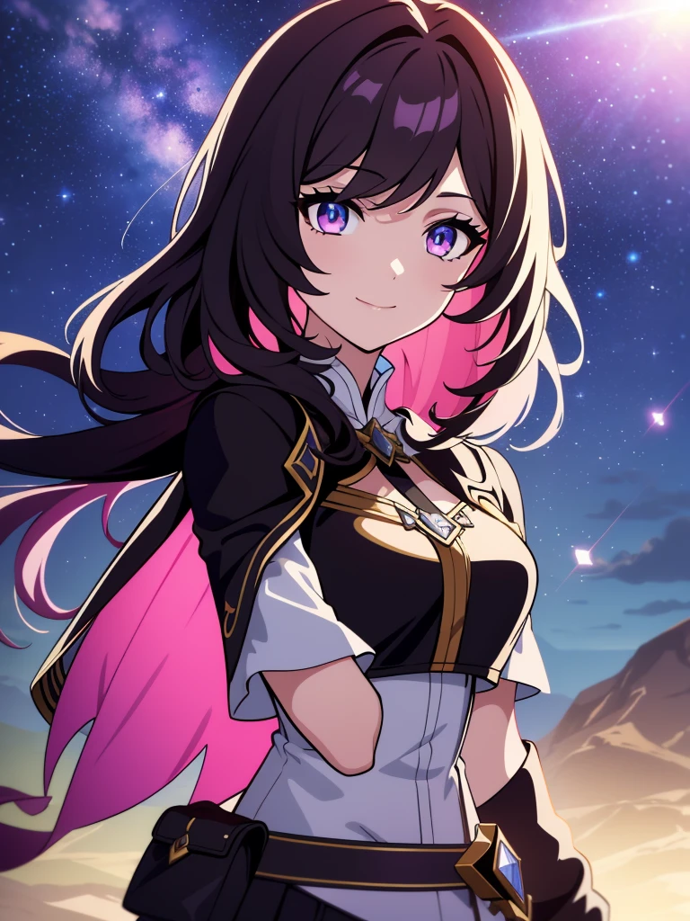 (high-quality, breathtaking),(expressive eyes, perfect face) portrait, 1girl, female, solo, young teen, black hair, pink eye color, medium hair length, soft wavy hair, gentle smile, loose hair, side bangs, looking at viewer, portrait, full shot, happy expression, ribbon in hair, flower in hair, fantasy clothing, elegant, mature, height 4"3, adventurer attire, warlock attire, warlock profession, short height, Dungeons & Dragons character, jacket, dress, cape, Firefly Honkai Star Rail Character, balcony, Firefly, starry sky, dawn in the distance, shooting stars
