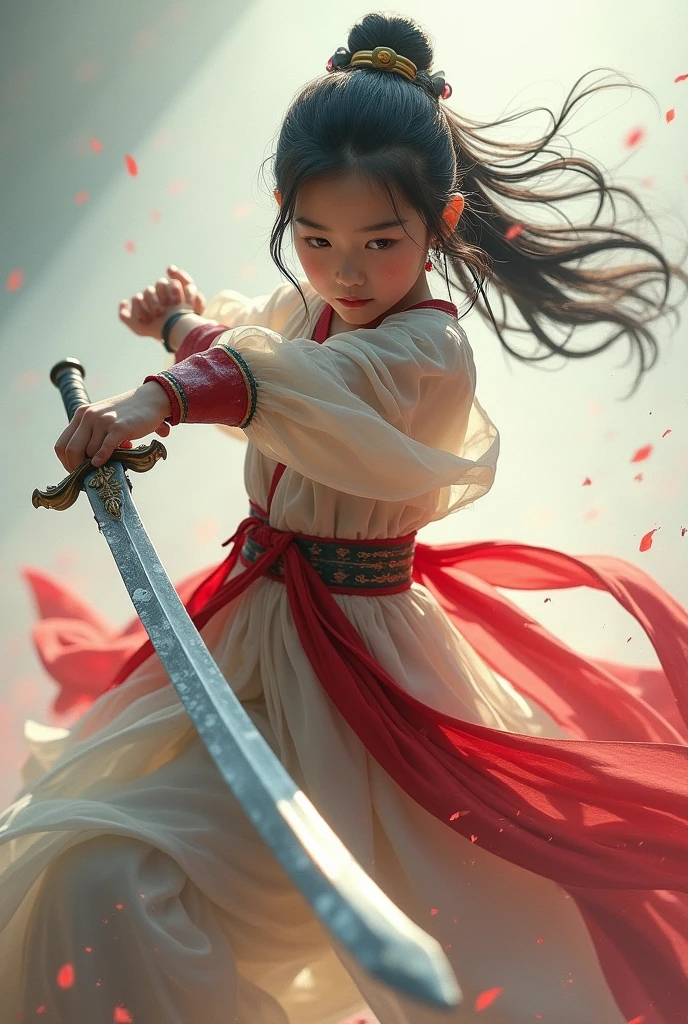 the girl is wielding a sword in the background, in the style of xiaofei yue, ethereal images, light white and red, colorful costumes, movie still, weathercore, dynamic and action-packed --ar 1:2 --stylize 750 --v 6