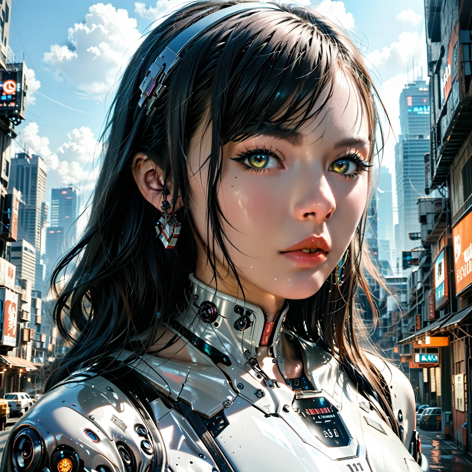 A woman in a revealing futuristic latex suit, with long hair loose, striking a dynamic and sensual pose, ready to pilot a giant Gundam-style robot against the backdrop of a futuristic city skyline (best quality, 4k, 8k, high resolution). ,masterpiece:1.2),ultra-detailed(realistic,photorealistic,photorealistic:1.37),highly detailed facial features,extremely detailed eyes and face,long eyelashes,cinematic lighting,volumetric fog,dramatic chiaroscuro lighting,cyberpunk,sci-fi,hyper detailed