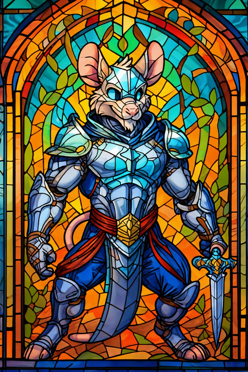 Anthropomorphic mouse, knight, male, Fighting with a sword, stained glass relief
