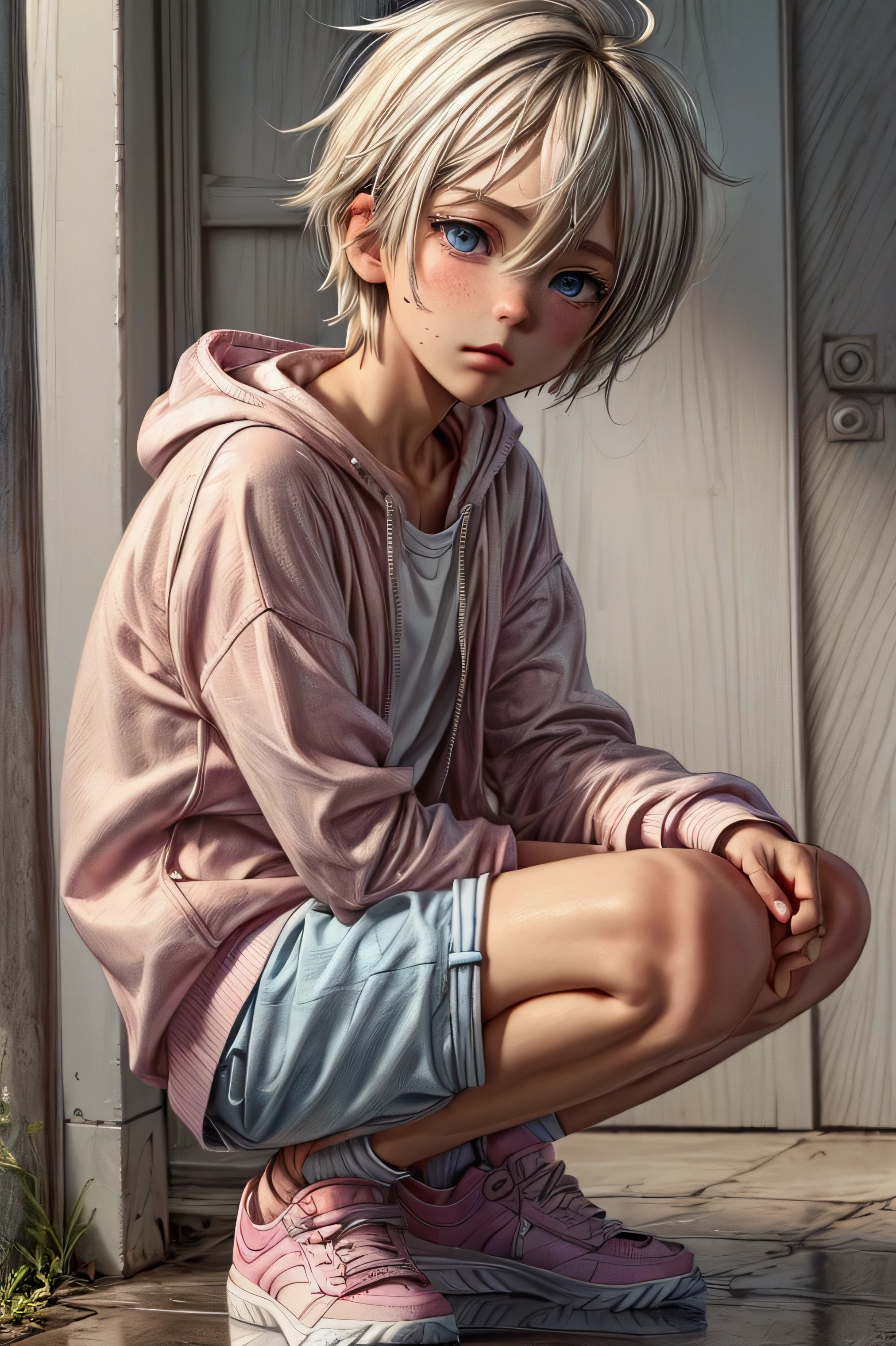 Anime style, Highres, Masterpiece, Best quality at best, Best Quality, hight quality, hight detailed, 1boy, (little boy), boy, blonde boy, blond Hair, perfect boy body, cute boy, detailed light blue eyes, detailed eyes, short hair, messy hair, pastel rainbow inner hair color mesh, Neutral Facial Features, crouching down, front view, wears a open zipper pink hoodie, silver necklace with a pastel pink heart, boy chest, detailed too very short mini blue jean shorts, beautiful long legs, white socks,multicoloured sport sneakers, rainy afternoon on the street, highest quality,