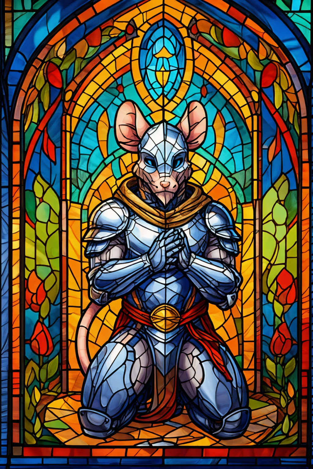 Anthropomorphic mouse, knight, male, kneeling in prayer, holding a sword, stained glass relief