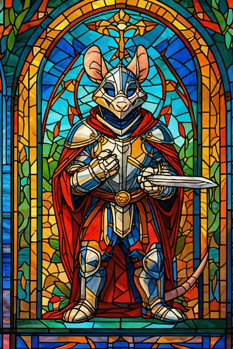 anthropomorphic mouse, knight, male, praying with a sword, stained glass relief