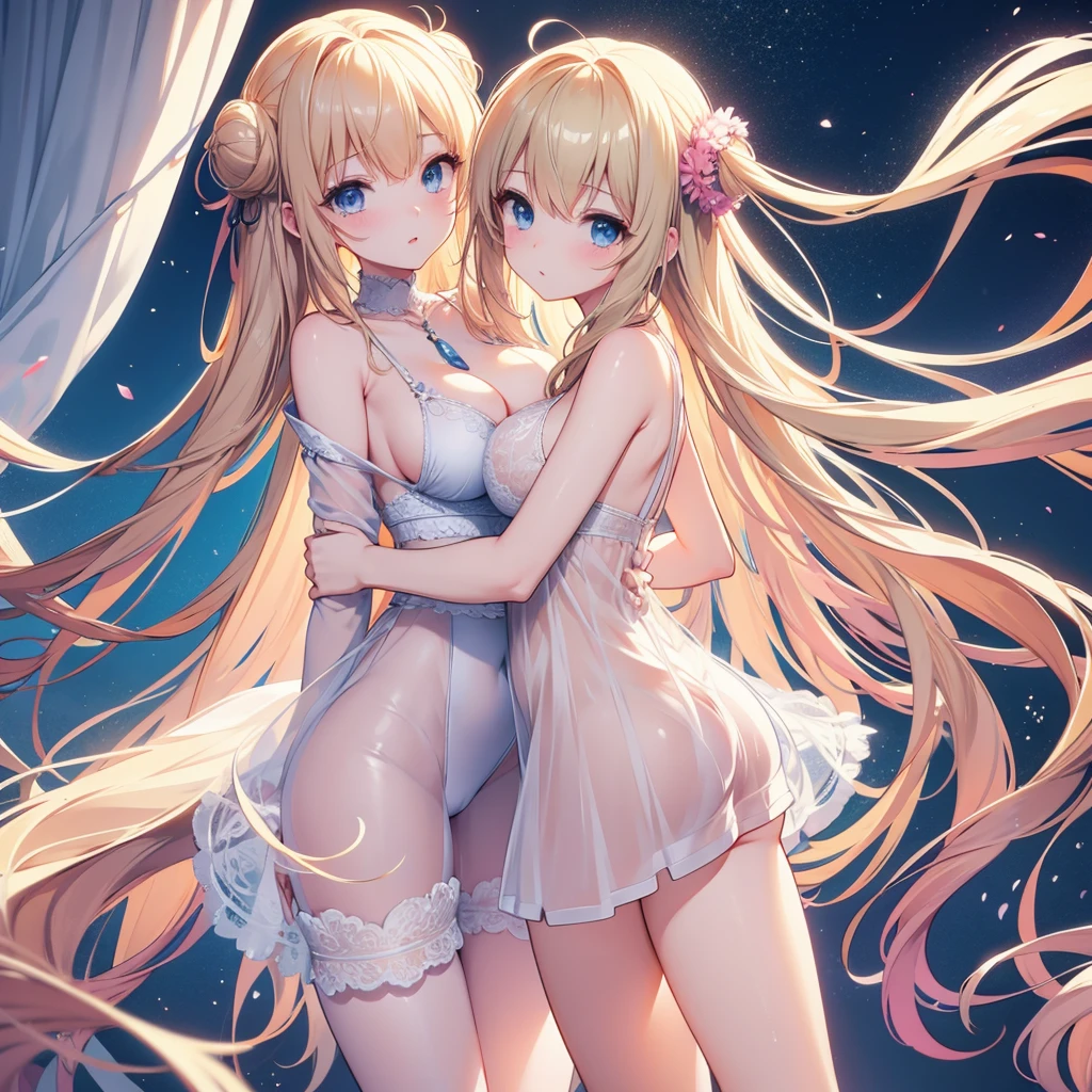 Anime Girls, Anime Style 4 k, Digital anime illustration, digital anime art, Anime Style. 8k, Anime Moe Art Style, anime art wallpaper 4k, anime art wallpaper 4k, Anime Style illustration, Smooth anime CG art, detailed digital anime art, Anime Art Wallpapers 8K, Realistic Anime 3D Style、One girl, lingerie、Sheer white underwear、blondes、Blushing, blue eyes, Nipple erection、Sensual facial expression、Large Breasts,((See-through underwear))、