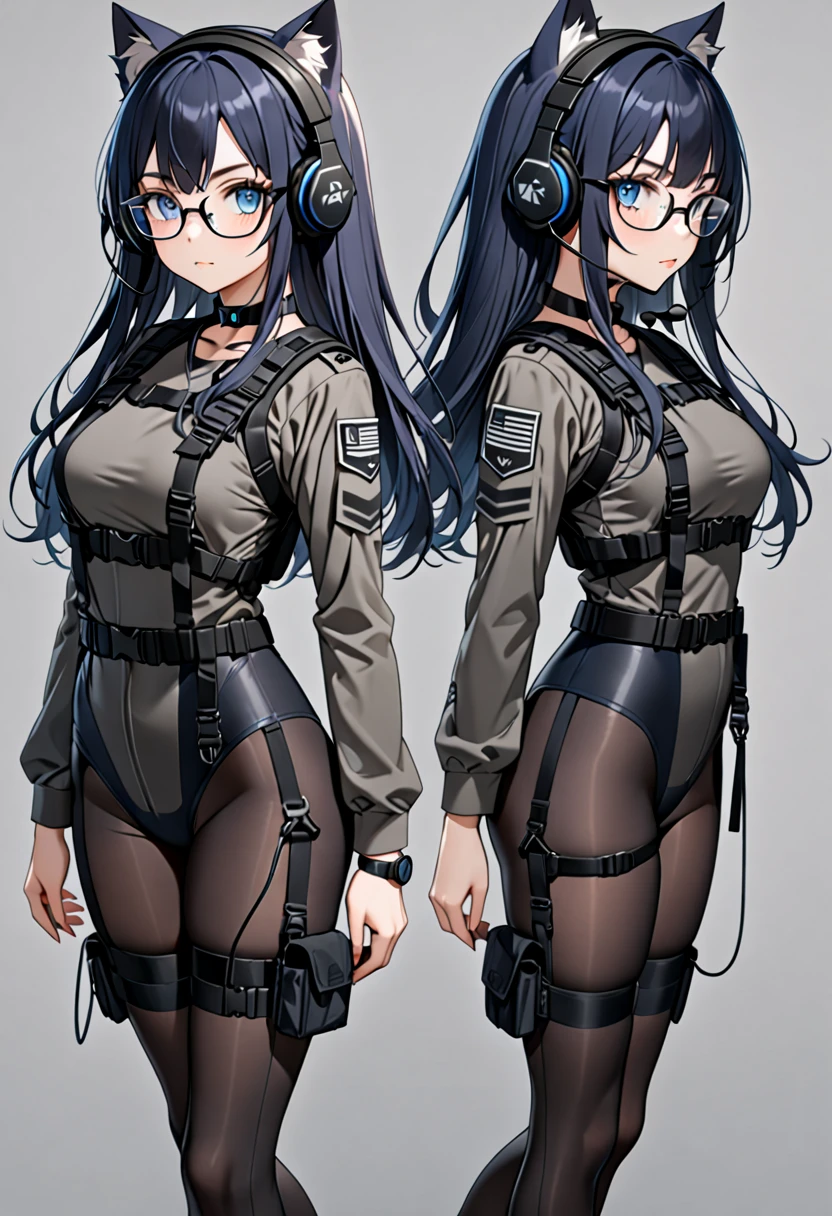 8K Ultra High-Quality, ultra-detailed, High quality, Dark Blue hair, Long hair, Blue eyes, Headset, cat girl, Grey Tactical clothes, Dark grey trimmings, Military clothes, black spandex under clothes, body harness, Looking at viewer, choker, glasses, full body, side view