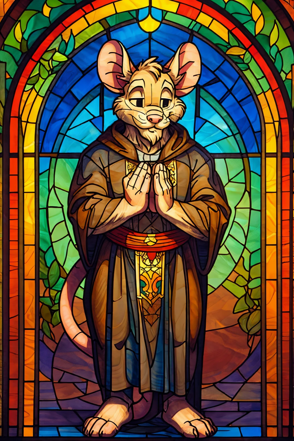 Anthropomorphic mouse, Friar, male, praying while standing, stained glass relief