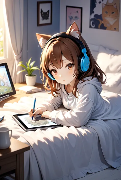 a girl with brown hair and cat ears, laying on a bed with a tablet and pencil, wearing headphones, focused on drawing. the scene...