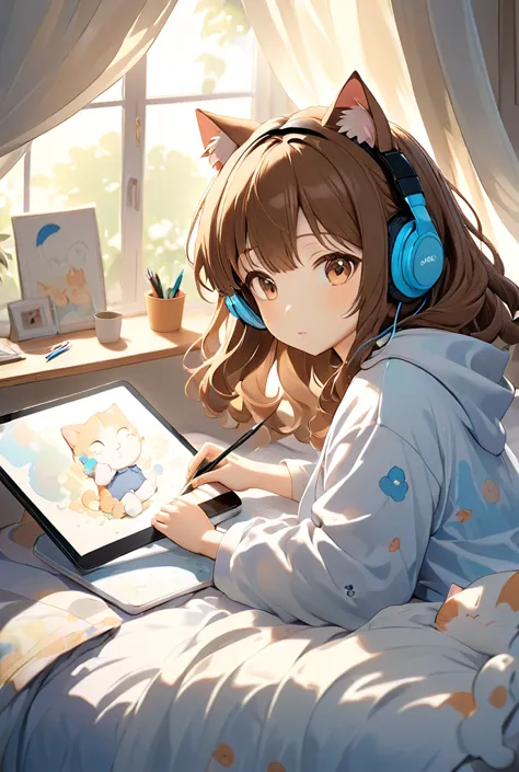 a girl with brown hair and cat ears, laying on a bed with a tablet and pencil, wearing headphones, focused on drawing. the scene...