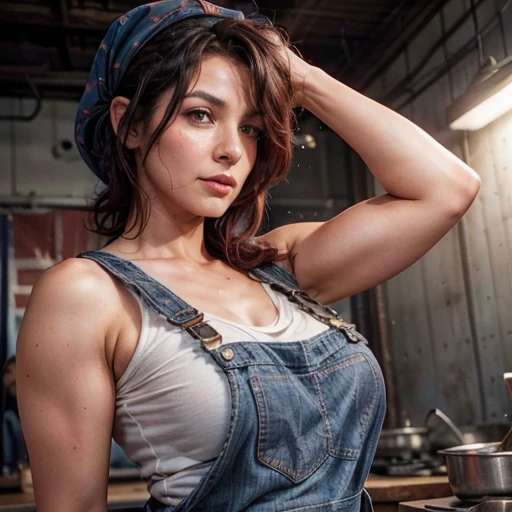 American shot. Predominant colors: blue, red, white. A woman, curling one of her biceps, sideways to the viewer. She is a curry Spanish woman in her forties, short wavy black hair, lustful expression, blushed cheeks, dressed in loose denim dungarees, covering part of her hair with a red headscarf. Background: vintage steel industry workshop with a Unided States flag on the wall.