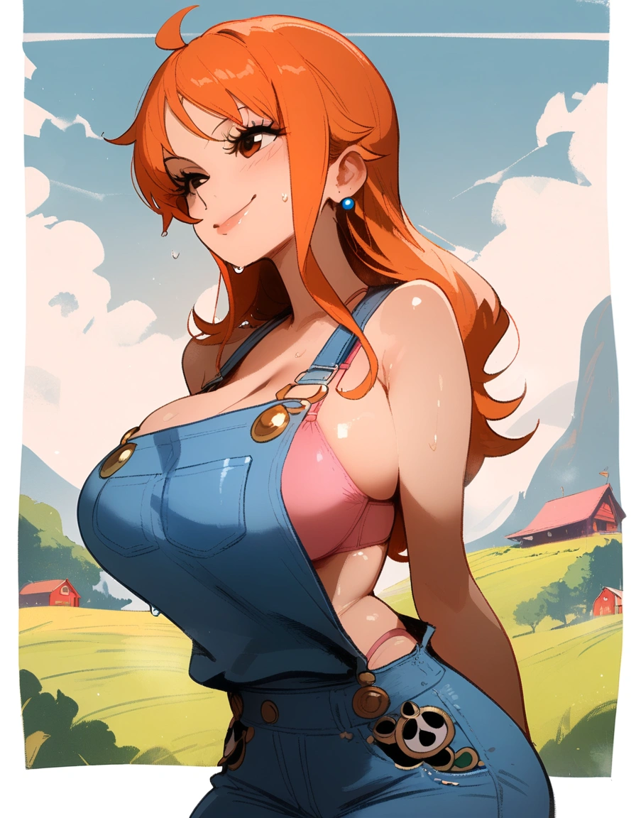 1girl, nami \(one piece\), one piece
\\\\\ masterpiece, best quality, newest, ///// nyantcha, khyle, cutesexyrobutts \\\\\ highres, absurdes. , solo, wet, sweat, shiny skin, straight-on, big breasts, naughty face, three quarter view, farm background, simple background, cropped, v arms, overalls, naughty smile, skinny, , pink bra under clothes, highleg panties, 
