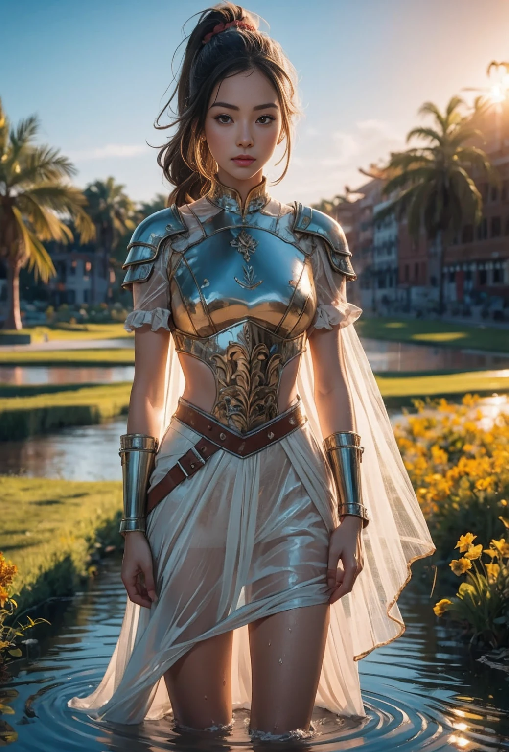 (Very detailed:1.2, Masterpiece:1.2, Best quality:1.2, High resolution:1.2), Beautiful scenery with cosmos flowers blooming even in war-torn fields, standing water, wet ground, 1 girl, brown hair, ponytail, armor, breastplate, dirty face, blood stains, dark sky, sunset,