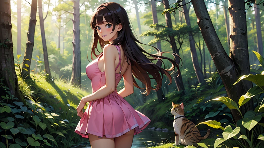 Best Quality、masterpiece、High resolution、teacher、Round Breasts、Alone、Pink one-piece dress、mini skirt、Facing forward and smiling、Brown long hair、Playing with a cat、In the forest