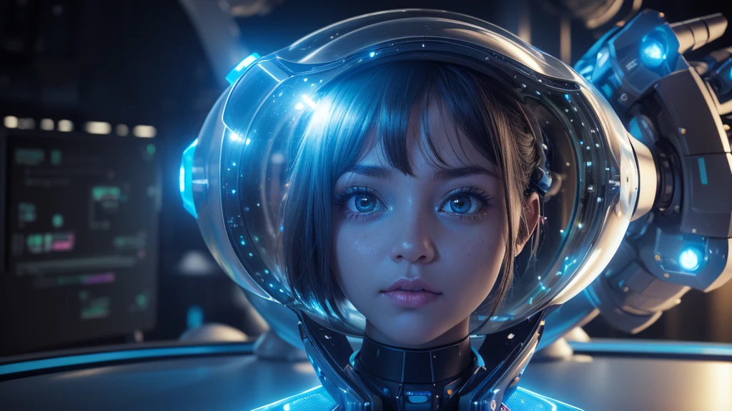 (3D, ultra-detailed, UHD, high-quality,1 girl, age 21, closeup, upper body, futuristic lab, holographic screens, robotic arms), a girl stands close to the camera, interacting with a glowing holographic interface. The lab is filled with futuristic tech and robots, with the 3D effect enhancing the immersive environment.