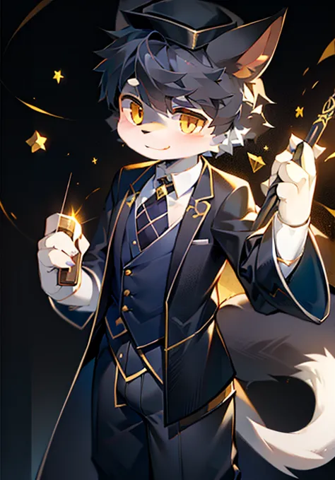 magician，handsome，cute，white male cat，boy，big furry tail，black clothes，black hat，golden eyes，holding a magic wand，perform magic。...