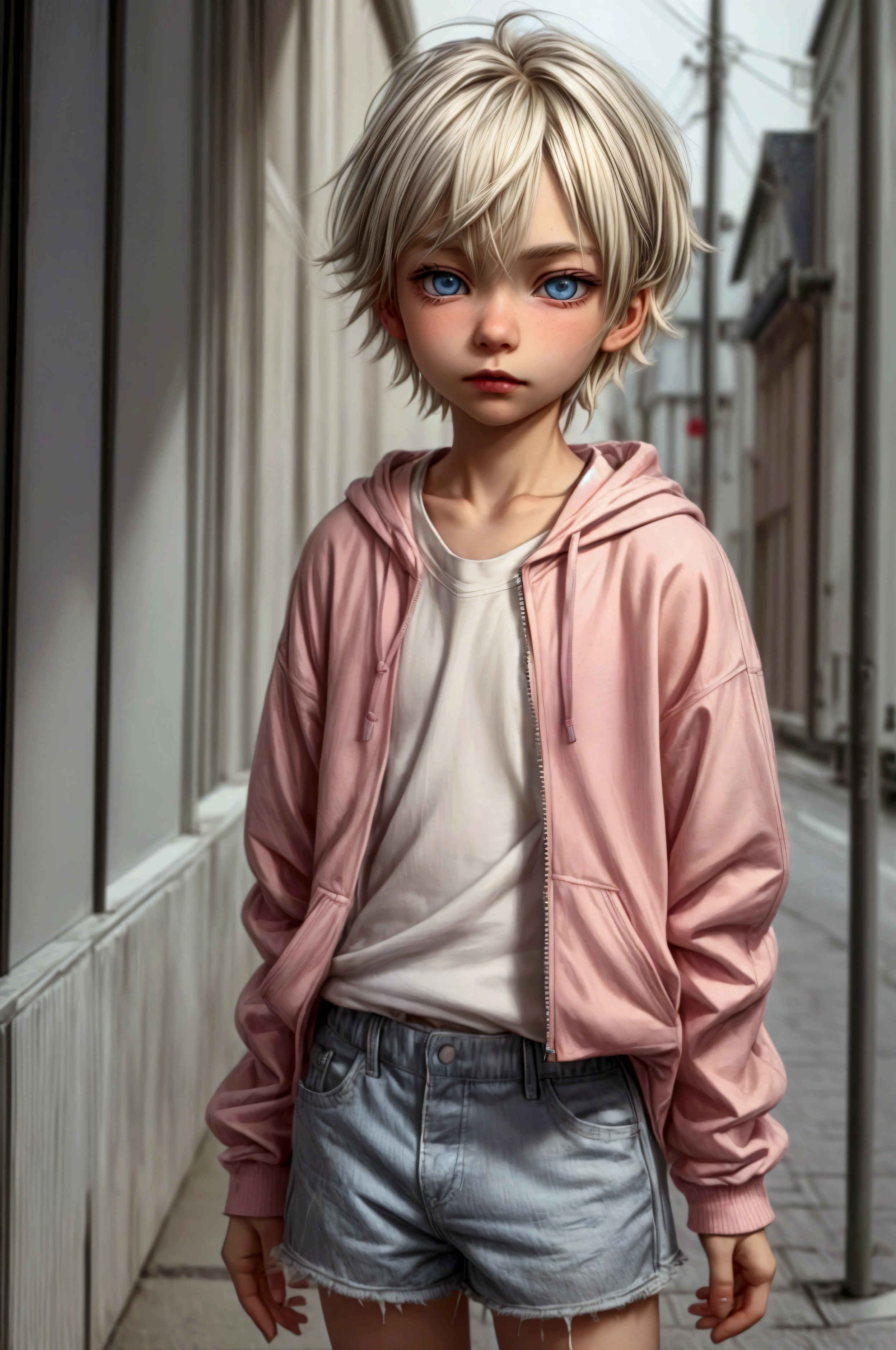 Anime style, Highres, Masterpiece, Best quality at best, Best Quality, hight quality, hight detailed, 1boy, (little boy), boy, blonde boy, blond Hair, perfect boy body, cute boy, detailed light blue eyes, detailed eyes, short hair, messy hair, pastel rainbow inner hair color mesh, Neutral Facial Features, boy flirty posing, wears a open zipper pink hoodie, silver necklace with a pastel pink heart, boy chest, detailed too very short mini blue jean skirt, beautiful long legs, rainy afternoon on the street, highest quality,