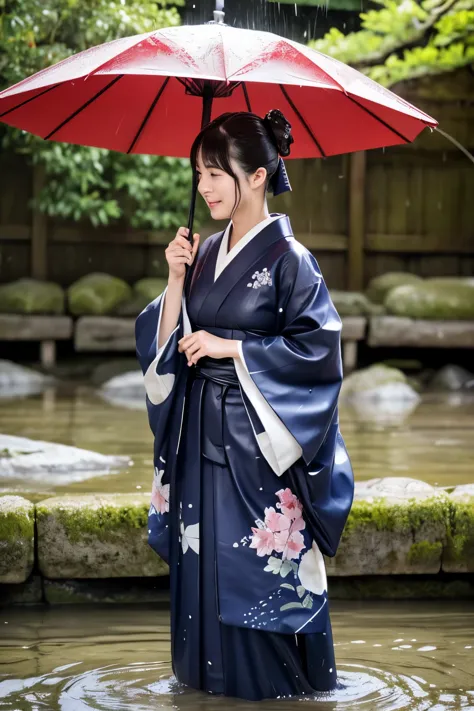 1 person、real、wet、wet woman、hakama、japanese、kimono、women、、long-sleeved kimono、long hakama、soaking wet、hakama、whole body、tabi、hak...