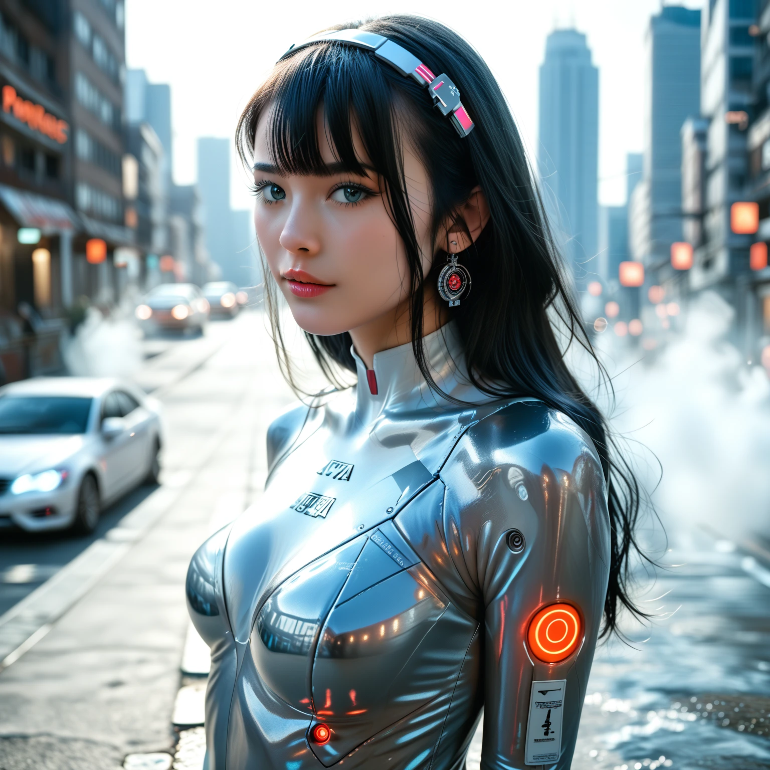 A woman wearing a revealing futuristic latex suit, long hair loose, adopting a dynamic and sensual pose, piloting a giant "Gundam" robot. Background of a futuristic urban skyline (best quality, 4k, 8k, high resolution). ,masterpiece:1.2),ultra-detailed(realistic,photorealistic,photorealistic:1.37),detailed,cinematic lighting,volumetric fog,dramatic chiaroscuro lighting,cyberpunk,sci-fi,hyper detailed