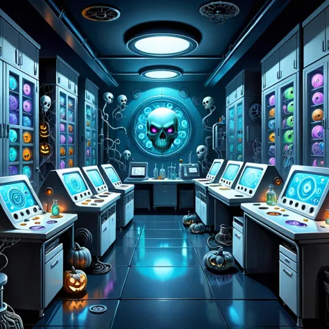 comic halloween theme, psychedelic art, gamer core, a laboratory bench with many machines、laboratory、 (modern technology:1.1) , ...