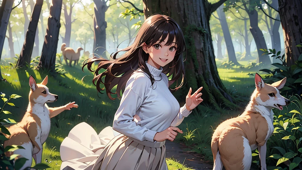 Best Quality、masterpiece、High resolution、teacher、Round Breasts、Alone、White sweater、Long skirt、Facing forward and smiling、Brown long hair、In the woods、Playing with kangaroos