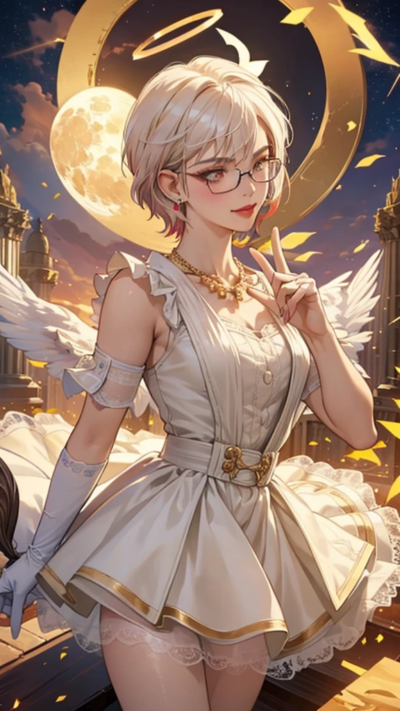 8k, masterpiece, best quality, highly detailed, 1 girl, tiefling, paladin, devil horns, pixie cut, multicolored hair, very short straight hair red highlight hair on white hair, strippled hair, wearing glasses, round glasses, earrings, red eyeshadow, long eyelashes, blushed cheek, red lips, pearl necklace, rings, collarbone, mole on face, glamorous, white and gold clothes, sleeveless, laced dress, miniskirt, smirk, close up view, rings, looking at viewer, solo, holding flail, starry sky, radiant gold moon, standing, golden halo, white lace gloves, heavenly scene, halo, holy palace in background.