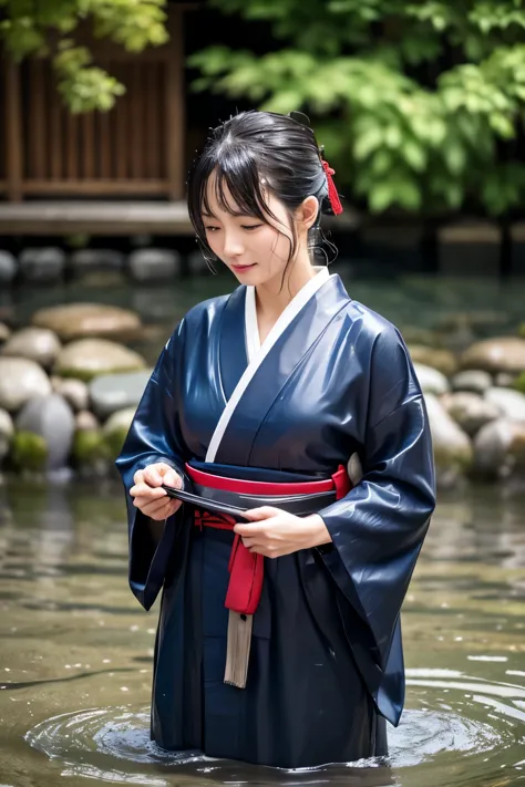 2 person、real、wet、hakama、japanese、kimono、women、、long-sleeved kimono、long hakama、soaking wet、hakama、whole body、tabi、hakama with w...