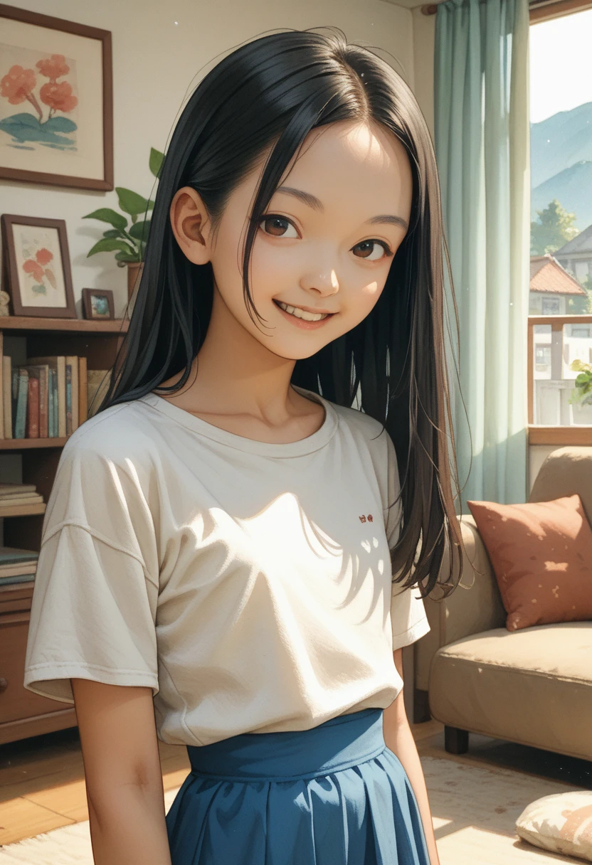 (KWAII,drama,asian,imagem sem fundo,watercolor:1.1)black hair,long hair,straight hair,middle part,forehead,flat chest,white shirt,blue skirt,smile,living room