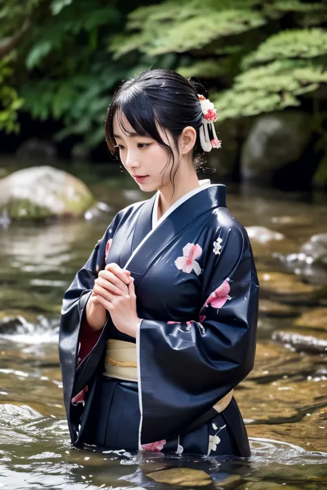 1 person、real、wet、hakama、japanese、kimono、women、、long-sleeved kimono、long hakama、soaking wet、hakama、whole body、tabi、hakama with w...