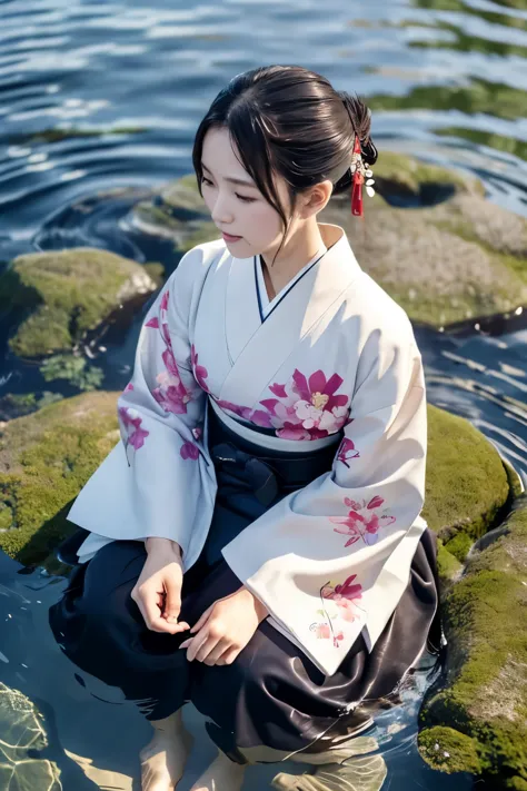 1 person、real、hakama、japanese、kimono、women、long-sleeved kimono、long hakama、clothes that stick to the skin、wet clothes 、floral ki...