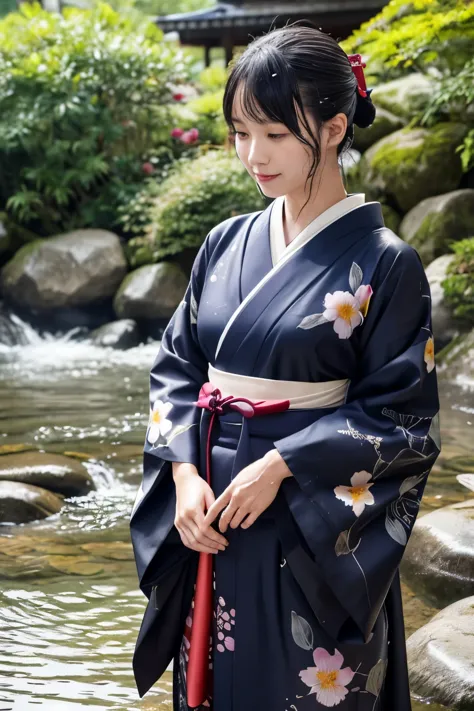 1 person、real、wet、hakama、japanese、kimono、women、、long-sleeved kimono、long hakama、soaking wet、hakama、whole body、tabi、hakama with w...