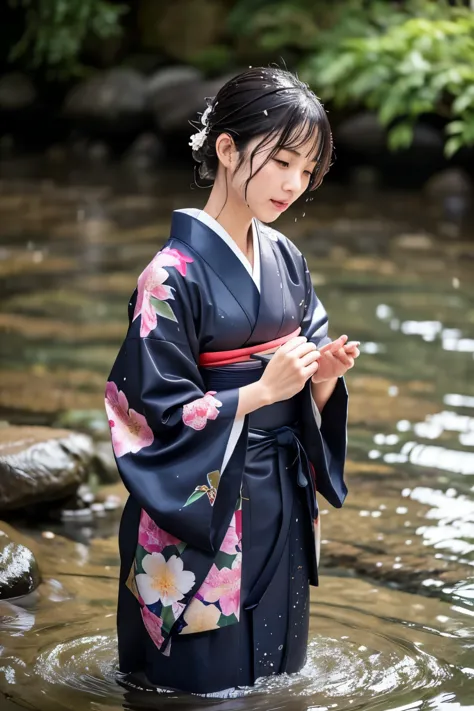 1 person、real、wet、hakama、japanese、kimono、women、、long-sleeved kimono、long hakama、soaking wet、hakama、whole body、tabi、hakama with w...