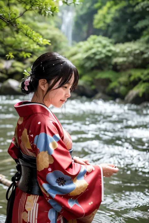 1 person、real、wet、hakama、japanese、kimono、women、、long-sleeved kimono、long hakama、soaking wet、hakama、whole body、tabi、hakama with w...