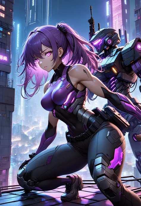 ultra quality, extremely detailed, high resolution, mecha girl, (1girl), medium shot, glowing cyber eyes, violet hair, shaggy ha...