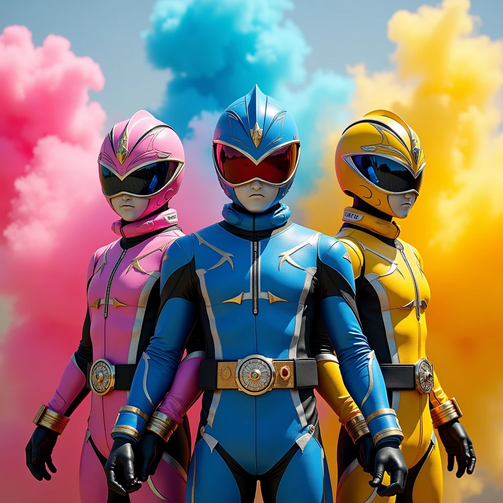 A special effects film featuring a trio of Japanese transforming heroes, Threesome of two men and one woman, The image color for women is pink, One man's image color is blue, The other man's image color is yellow., Each character wears a mask and a hero costume to represent their image., The three of them are posing side by side, An explosion occurs in the background, creating three smoke plumes., The smoke color matches each image color., The color of the smoke is not mixed, cool hero mask, Cool hero costumes, A cool hero pose, UHD, masterpiece, anatomically correct, super detail, high details, high quality, award winning, best quality, The hair is inside the mask, you can't see it., The hair is inside the mask, I can't see the hair, I won't show you my real face, Don't show your bare skin