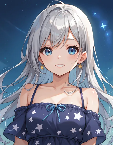 score_9, score_8_up, score_7_up, 1girl, long silver hair, upper body, blue eyes, arms at side, outdoors, starry night, long grey star print dress, smile,