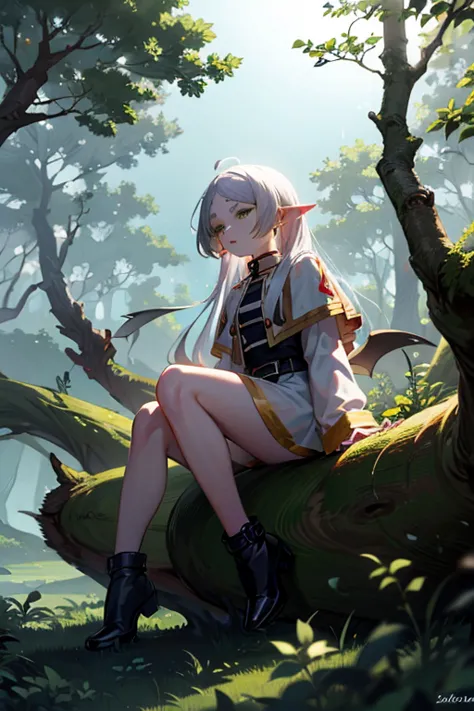 frielen talking while sitting on a fallen tree in the demon forest