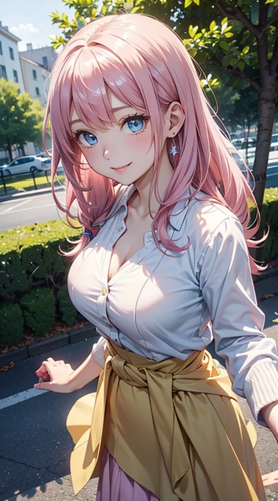 1 female、2、pink hair、long hair fluttering in the wind、(very cute woman)、(smile)、Natural tree-lined avenues、white blouse、light yellow cardigan、pale pink long skirt、blue eyes、sparkling eyes、big bust、((from waist to head))、(transparent)、(pure)、aerial perspective、