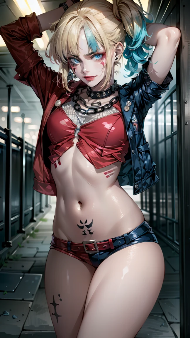 Harley Quinn from Suicide Squad, slim body, Short hair, sex, naked, erotica, naked грудь, naked, costs, at full height (body full 1.1.), smile with a grin, Scream, sexуальные глаза, foreground, I look at the viewer, 8 k, high quality , very detailed eyes, elongated face, Cyberrealism, beautiful eyes, realistic, high quality, thick, portrait, beautiful eyes , silky hair, slim body, hair on one side, Hot lips, Eyes are the same size, Young face, high legs, very detailed eyes, shiny body, tattoos, pink hair, detailed eyes, freckles, Eyes of the same color,  sexуальный, face to face,  split, visible navel,