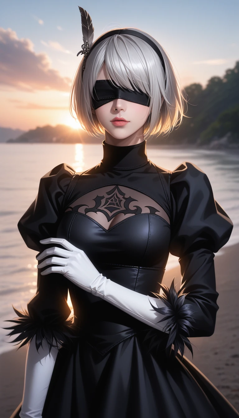 score_9, score_8_up, score_7_up, 32k,masterpiece, highest quality, photo realistic, vibrant colors, chiaroscuro lighting,
2B Nier Automata, 
bob cut, gray hair, bangs, blindfold, pink lips,
black goth dress, long sleeve, Juliet sleeve, white gloves, turtleneck, feather ornament, feather ornament sleeves,
a ruined world, a devastated battlefield, picturesque, beautiful scenery, fantastic night sky
seductive pose, cinematic angle,