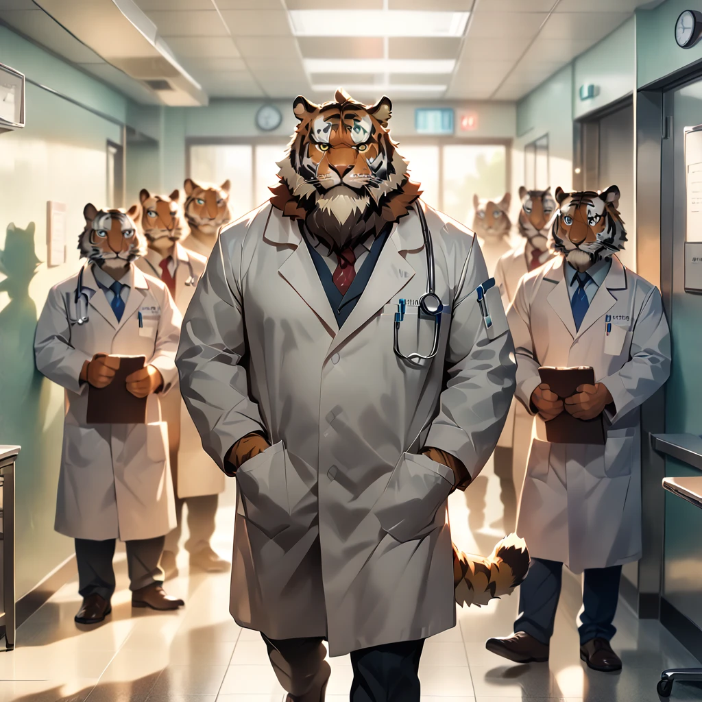 masterpiece, best quality, very aesthetic, absurdres, BREAK  doctor, 6 men, [face:full body:10], front angle, plump middle-aged director of a hospital tiger man, fluffy body, tail, brown eyes, beautiful beard, male face, big face, square jawline, male eyes, sharp eyes, big eyes, male eyebrows, innocent look, BREAK serious, white coat, standing, director's rounds, BREAK [simple background::12], afternoon, corridor, university hospital, indoor,