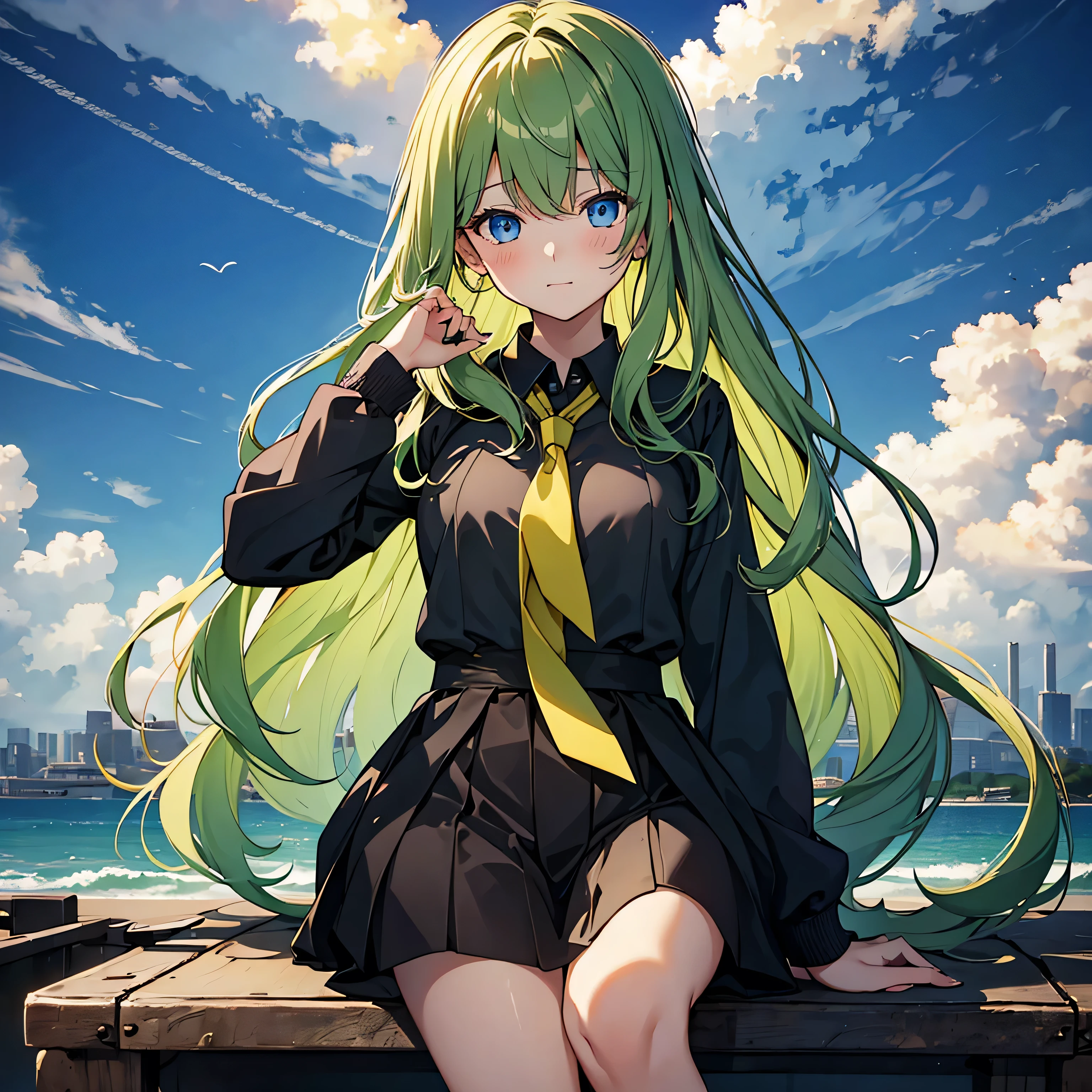 Woman gazing diagonally upwards, {{{Sad expression}}}, Black Sailor Suit, {{{{{明るいGreen long wavy hair}}}}}, Best Quality,Best image quality,Perfect Anatomy,masterpiece,Very detailedな,beautiful,super high quality, Best Quality,High resolution, Very detailed,Game CG,Dutch Angle ,Beautiful attention to detail,Visual Arts,Five fingers, Perfect hands,Hide your hands, {{{One Girl}}}, Beautiful detailed girls, Game CG, Spring flower,masterpieceアニメ，Best Quality, Very detailedな顔，Power Pro, sugami, {{{One Girl}}}, Black Sailor Suit, {{{{{Green long wavy hair}}}}}, Dark hair tip color, Blue Eyes, Female Manager, School grounds, Yellow tie, Sleepy smile, Knee-high portrait, Three-dimensional background, Multiple clouds,